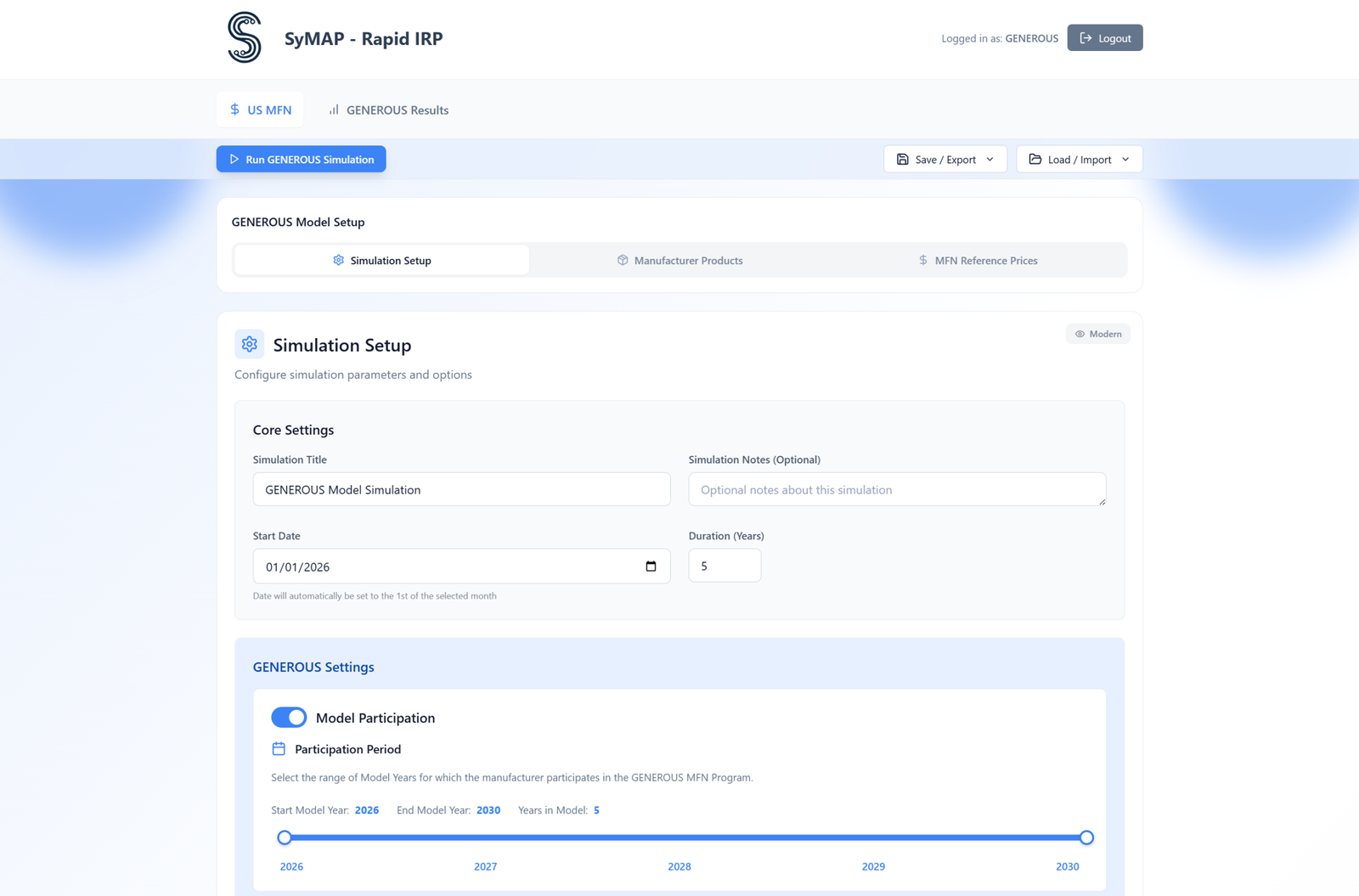 SyMAP GENEROUS — CMS GENEROUS Model setup configuration for Medicaid MFN drug pricing simulation